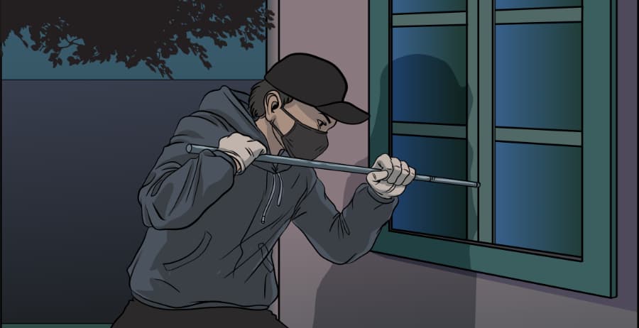 Illustration of burglar forcing entry through a window in Sacramento